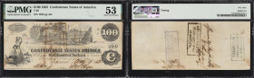 T-39. Confederate Currency. 1862 $100. PMG About Uncirculated 53. Penned Civilian Endorsement. "T. Sanford."