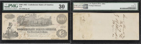 T-39. Confederate Currency. 1862 $100. PMG Very Fine 30. Trans-Mississippi Issue. Penned Military Endorsement. "Maj. Benjamin Bloomfield QM."