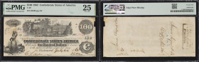 T-39. Confederate Currency. 1862 $100. PMG Very Fine 25. Penned Military Endorsement. "Capt. Thomas A. Burke AQM, 54th Georgia Regiment."