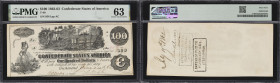 T-40. Confederate Currency. 1862 $100. PMG Choice Uncirculated 63. Penned Civilian Endorsement "John Boston, Collector for the Port of Savannah."