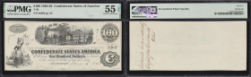 T-40. Confederate Currency. 1863 $100. PMG About Uncirculated 55 EPQ. Trans-Mississippi Issue. Penned Military Endorsement "Capt. J. Edward Caldwell A...