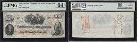 T-41. Confederate Currency. 1863 $100. PMG Choice Uncirculated 64 EPQ. Penned Military Endorsement "Maj. A.B. Ragan QM."