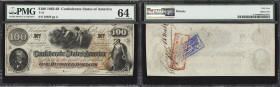 T-41. Confederate Currency. 1862 $100. PMG Choice Uncirculated 64. Penned Military Endorsement "Maj. James F. Cummings CS," Army of Tennessee.