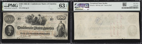 T-41. Confederate Currency. 1862 $100. PMG Choice Uncirculated 63 EPQ. Penned Military Endorsement "Maj. Richard J. Hill QM, 22nd Regiment Alabama Vol...