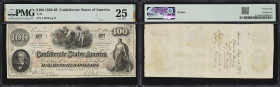 T-41. Confederate Currency. 1862 $100. PMG Very Fine 25. Penned Military Endorsement. "Maj. Charles Russell QM, Gen'l H.P. Bee's Command Texas."
