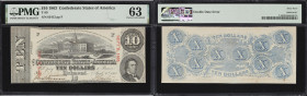 T-59. Confederate Currency. 1863 $10. PMG Choice Uncirculated 63. Double Date Error.