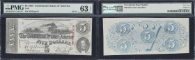 T-60. Confederate Currency. 1863 $5. PMG Choice Uncirculated 63 EPQ.
