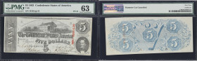 Lot of (2) T-60. Confederate Currency. 1863 $5. PMG Uncirculated 62 EPQ to Choice Uncirculated 63.