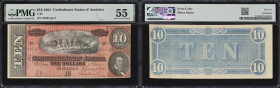 T-68. Confederate Currency. 1864 $10. PMG About Uncirculated 55. Radar Serial Number.