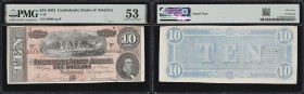 T-68. Confederate Currency. 1864 $10. PMG About Uncirculated 53. Solid Serial Number.