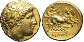 GRÈCE ANTIQUE - GREEK
Macédoine (royaume de), Philippe II (359-336 av. J.-C.). Statère d’or posthume ND (323-315 av. J.-C.), Amphipolis ou Pella.
Le R...
