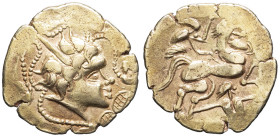 GAULE - CELTIC
Namnètes. Statère à l’hippophore, classe I au bâton ND (IIe - Ier siècle avant J.-C.).
LT.6731 - DT.2181 ; Or - 7,42 g - 22,5 mm - 10 h...