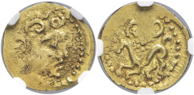 GAULE - CELTIC
Parisii et région parisienne. Quart de statère, classe 1a ND (c.70 av. J.-C.).
DT.2421 - Sills 510 (Mint C) - LT 7804 ; Or - 1,92 g - 1...