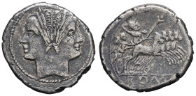 RÉPUBLIQUE ROMAINE - ROMAN REPUBLIC
Anonymes. Didrachme ND (225-212 av. J.-C.), Rome.
RRC.28/3 - Syd.64 ; Argent - 6,27 g - 20,5 mm - 5 h
TB à TTB.