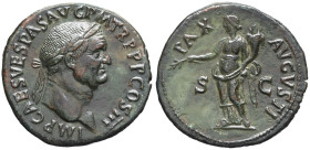 EMPIRE ROMAIN - ROMAN
Vespasien (69-79). Sesterce 71, Rome.
RIC.243 v. ; Bronze - 21,95 g - 34 mm - 6 h
Avec VESPAS. Buste de grande qualité. Patine n...