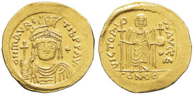 EMPIRE BYZANTIN - BYZANTINE
Maurice Tibère (582-602). Solidus ND, Constantinople, 5e officine.
BC.478 ; Or - 4,18 g - 20,5 mm - 6 h
Avec une couleur d...