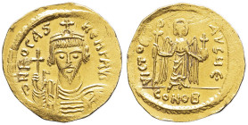 EMPIRE BYZANTIN - BYZANTINE
Phocas (602-610). Solidus ND, Constantinople, 5e officine.
BC.616 ; Or - 4,36 g - 20,5 mm - 7 h
La frappe légèrement décen...