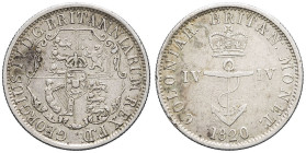 ANTILLES BRITANNIQUES - BRITISH WEST INDIES
Georges IV (1820-1830). 1/4 dollar 1820, Londres.
Prid.10 - KM.3 ; Argent - 6,66 g - 25,5 mm - 6 h
TB.
D’a...