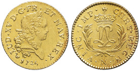 FRANCE / CAPÉTIENS - FRANCE / ROYAL
Louis XV (1715-1774). Louis d’or dit Mirliton aux palmes longues 1725, N, Montpellier.
Dy.1638 - G.339 - Fr.459 ; ...