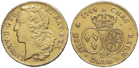 FRANCE / CAPÉTIENS - FRANCE / ROYAL
Louis XV (1715-1774). Double louis d’or au bandeau 1744/3, Z, Grenoble.
Dy.1642 - G.346 - Fr.463 ; Or - 16,25 g - ...
