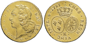 FRANCE / CAPÉTIENS - FRANCE / ROYAL
Louis XV (1715-1774). Double louis d’or au bandeau 1753, K, Bordeaux.
Dy.1642 - G.346 - Fr.463 ; Or - 16,23 g - 28...