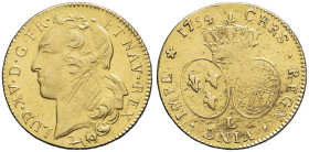 FRANCE / CAPÉTIENS - FRANCE / ROYAL
Louis XV (1715-1774). Double louis d’or au bandeau 1754, L, Bayonne.
Dy.1642 - G.346 - Fr.463 ; Or - 16,25 g - 28 ...