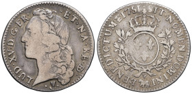 FRANCE / CAPÉTIENS - FRANCE / ROYAL
Louis XV (1715-1774). Demi-écu au bandeau de Béarn 1751, vache, Pau.
Dy.1681 - G.314a (R4) ; Argent - 14,32 g - 33...
