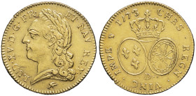 FRANCE / CAPÉTIENS - FRANCE / ROYAL
Louis XV (1715-1774). Double louis d’or à la vieille tête 1773/2, D, Lyon.
Dy.1645 - G.347 - Fr.466 ; Or - 16,20 g...