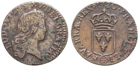 FRANCE / CAPÉTIENS - FRANCE / ROYAL
Louis XV (1715-1774). Liard au buste enfantin 1720, BB, Strasbourg.
Dy.1694 - G.270 ; Cuivre - 2,78 g - 20 mm - 5 ...