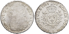 FRANCE / CAPÉTIENS - FRANCE / ROYAL
Louis XVI (1774-1792). Écu aux rameaux d’olivier 1784, L, Bayonne.
Dy.1708 - G.356 ; Argent - 29,34 g - 41,5 mm - ...