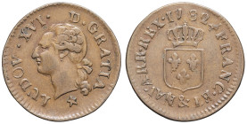 FRANCE / CAPÉTIENS - FRANCE / ROYAL
Louis XVI (1774-1792). Liard 1782, &, Aix-en-Provence.
Dy.1716 - G.348 ; Cuivre - 3,11 g - 21,5 mm - 6 h
TTB.