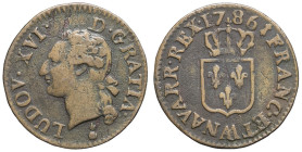 FRANCE / CAPÉTIENS - FRANCE / ROYAL
Louis XVI (1774-1792). Liard 1786, AA, Metz.
Dy.1716 - G.348 ; Cuivre - 2,90 g - 21,5 mm - 6 h
TTB.