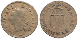 FRANCE / CAPÉTIENS - FRANCE / ROYAL
Louis XVI (1774-1792). Liard 1789, M, Toulouse.
Dy.1716 - G.348 ; Cuivre - 2,69 g - 22,5 mm - 6 h
TB.