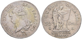 FRANCE / CAPÉTIENS - FRANCE / ROYAL
Constitution (1791-1792). 30 sols FRANÇOIS 1791, 1er semestre - An 3, A, Paris.
G.39 - Dy.1720 ; Argent - 10,06 g ...