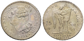 FRANCE / CAPÉTIENS - FRANCE / ROYAL
Constitution (1791-1792). 15 sols FRANÇOIS 1791, 1er semestre - An 3, I, Limoges.
G.36 - Dy.1721 ; Argent - 5,03 g...