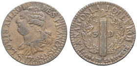 FRANCE / CAPÉTIENS - FRANCE / ROYAL
Constitution (1791-1792). 3 deniers FRANÇOIS 1792, 2e semestre - An 4, DL, Lyon.
G.5 - Dy.1725 ; Cuivre - 3,28 g -...