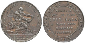 FRANCE / CAPÉTIENS - FRANCE / ROYAL
Constitution (1791-1792). Deux sols de Monneron à l’Hercule 1792, Birmingham.
Maz.163 ; Bronze - 16,12 g - 32 mm -...