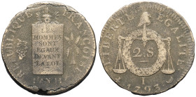 FRANCE - FRANCE
Convention (1792-1795). 2 sols à la balance 1793, I, Limoges.
G.31 ; Cuivre - 28,52 g - 34 mm - 6 h
Quelques défauts de flan. TB à TTB...