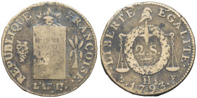 FRANCE - FRANCE
Convention (1792-1795). 2 sols à la balance daté 1793 - An II, H, La Rochelle.
G.31 ; Cuivre - 21,71 g - 33 mm - 6 h
TB.