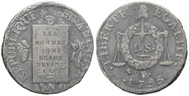 FRANCE - FRANCE
Convention (1792-1795). Sol à la balance FRANÇOISE 1793 - An II, D°, Dijon.
G.19 ; Cuivre - 11,90 g - 28,5 mm - 6 h
Inscription de la ...