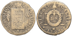 FRANCE - FRANCE
Convention (1792-1795). Sol à la balance FRANÇOISE 1793 - An II, MA, Marseille.
G.19 ; Cuivre - 12,88 g - 29 mm - 6 h
TB.