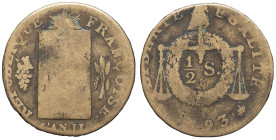 FRANCE - FRANCE
Convention (1792-1795). 1/2 sol aux balances 1793 - An II, H, La Rochelle.
G.10 ; Bronze - 6,11 g - 25 mm - 6 h
Frappe originale. B.