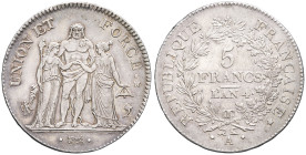 FRANCE - FRANCE
Directoire (1795-1799). 5 francs Union et Force An 4 (1795), A, Paris.
G.563 - F.288 ; Argent - 25,37 g - 37 mm - 6 h
D’infimes rayure...