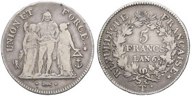 FRANCE - FRANCE
Directoire (1795-1799). 5 francs Union et Force An 6 (1797), T, Nantes.
G.563 - F.288 ; Argent - 24,86 g - 37 mm - 6 h
TB.