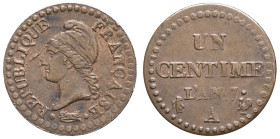 FRANCE - FRANCE
Directoire (1795-1799). Un centime Dupré An 7 (1798), A, Paris.
G.76 - F.100 ; Cuivre - 1,72 g - 18 mm - 6 h
Avec des restes de rouge ...
