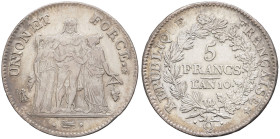 FRANCE - FRANCE
Consulat (1799-1804). 5 francs Union et Force An 10 (1801), Q, Perpignan.
G.563a - F.300 ; Argent - 24,88 g - 37 mm - 6 h
Léger nettoy...