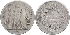 FRANCE - FRANCE
Consulat (1799-1804). 5 francs Union et Force An 10 (1802), MA, Marseille.
G.563 - F.288 ; Argent - 24,61 g - 37 mm - 6 h
TB.