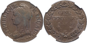 FRANCE - FRANCE
Consulat (1799-1804). Cinq centimes Dupré, grand module An 9 (1800), G, Genève.
G.126b - F.115 ; Cuivre - 8,29 g - 27 mm - 6 h
C’est l...