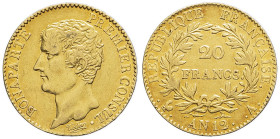 FRANCE - FRANCE
Consulat (1799-1804). 20 francs Bonaparte, Premier Consul An 12 (1804), A, Paris.
G.1020 - F.510 - Fr.480 ; Or - 6,40 g - 21 mm - 6 h
...