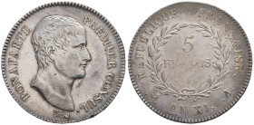 FRANCE - FRANCE
Consulat (1799-1804). 5 francs Bonaparte An XI (1803), A, Paris.
G.577 - F.301 ; Argent - 25,10 g - 37,5 mm - 6 h
Sur un flan assez la...